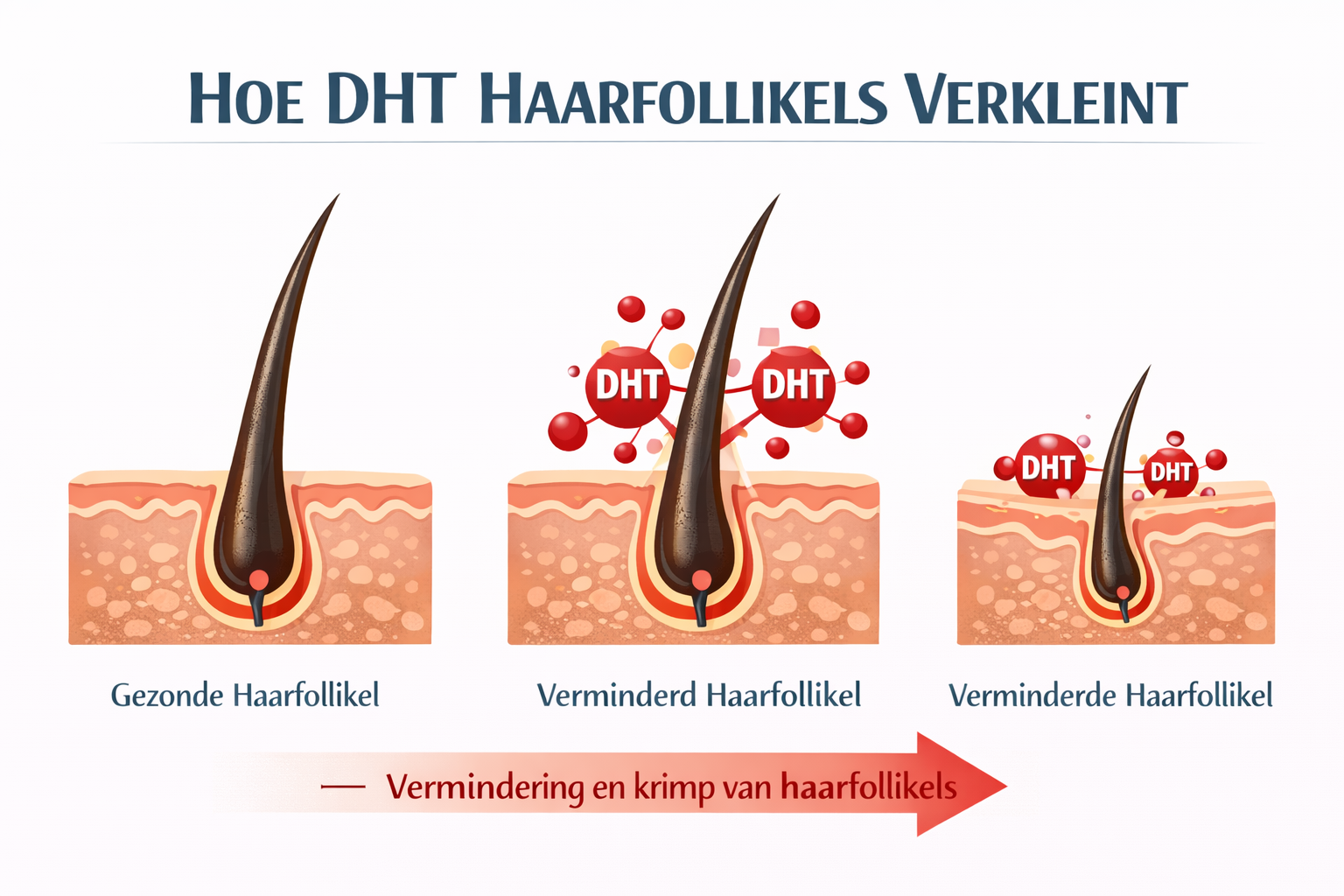 Schematische weergave van hoe DHT de haarwortel verkleint